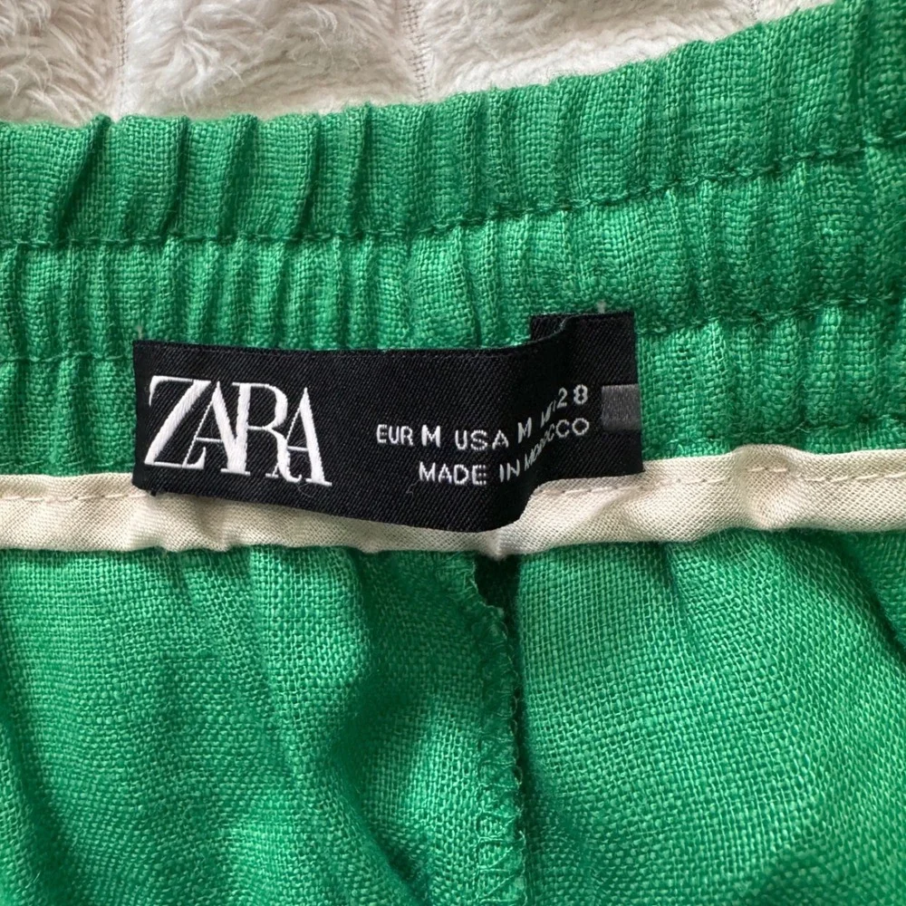 Zara Medium Kelly Green Linen Elastic Waist Pants Lagenlook Beach Casual